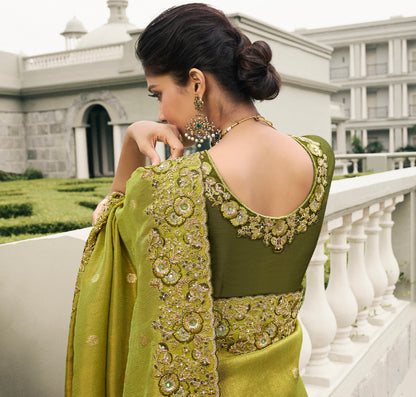 Pistachio Green Pure Tissue Silk Saree with Pearl &amp; Mirror Embroidery