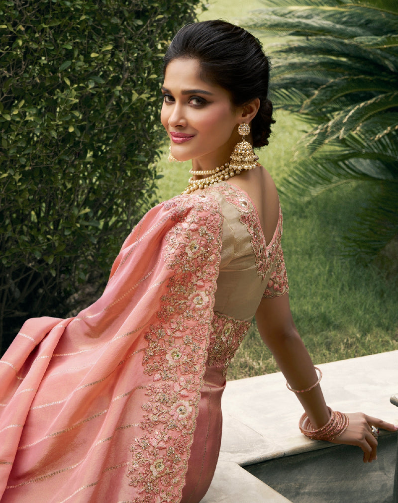 Peach Pink Pure Tissue Silk Saree with Embroidered Zari Border