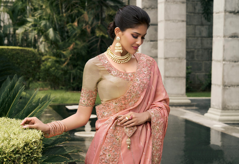 Peach Pink Pure Tissue Silk Saree with Embroidered Zari Border