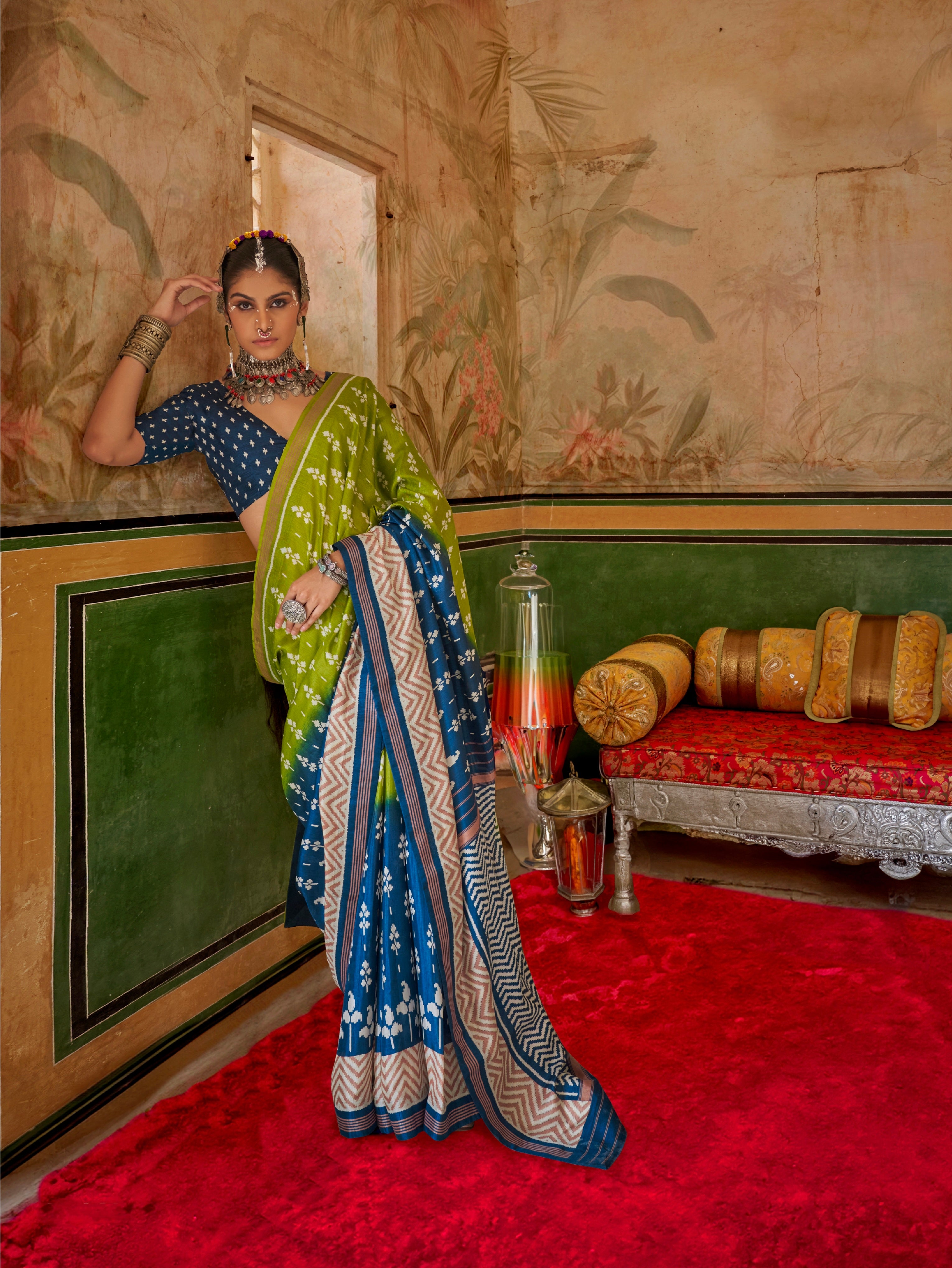 Blue & Green Mercerized Sigma Silk Saree with Aqua Finish