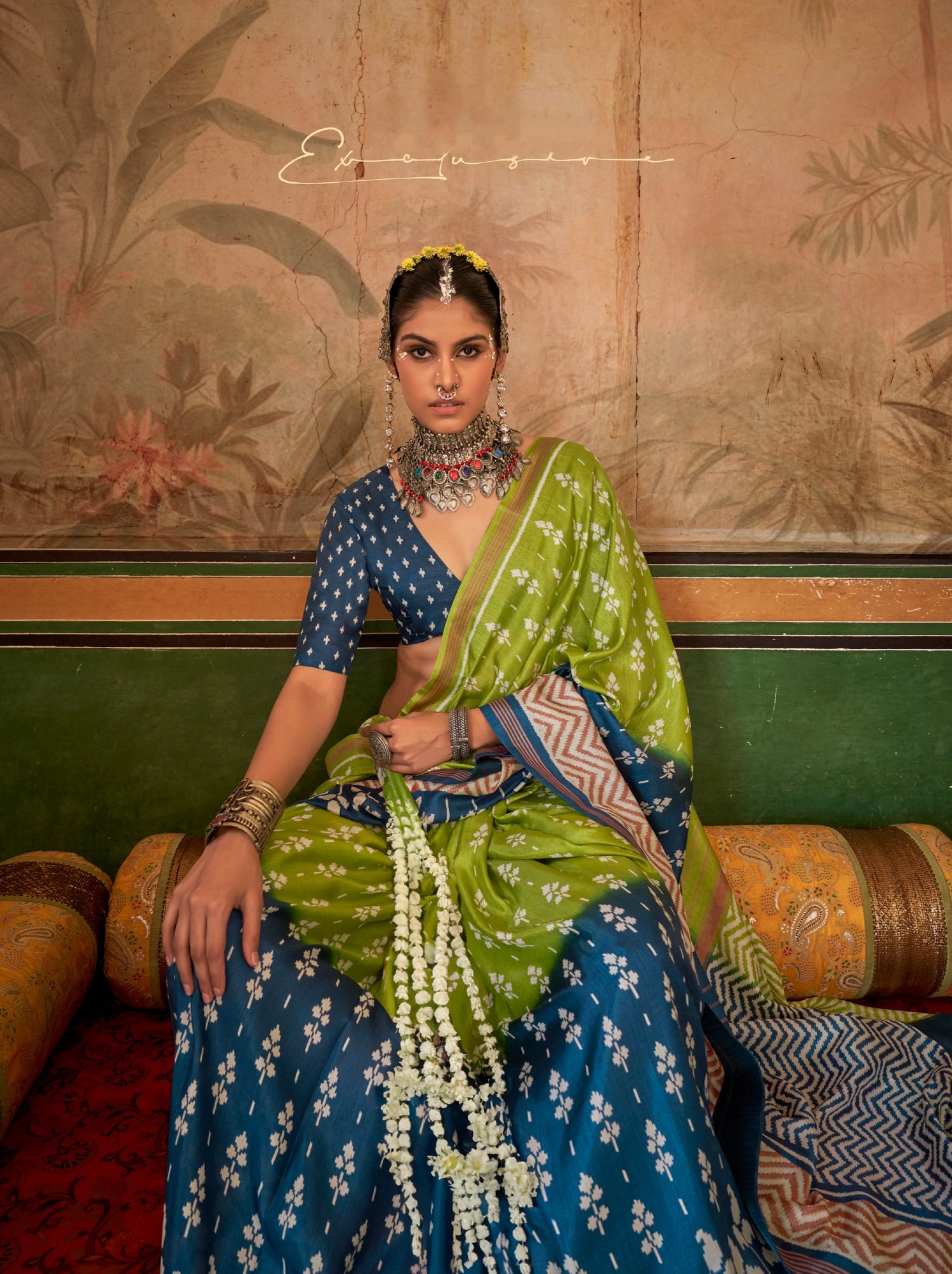 Blue &amp; Green Mercerized Sigma Silk Saree with Aqua Finish