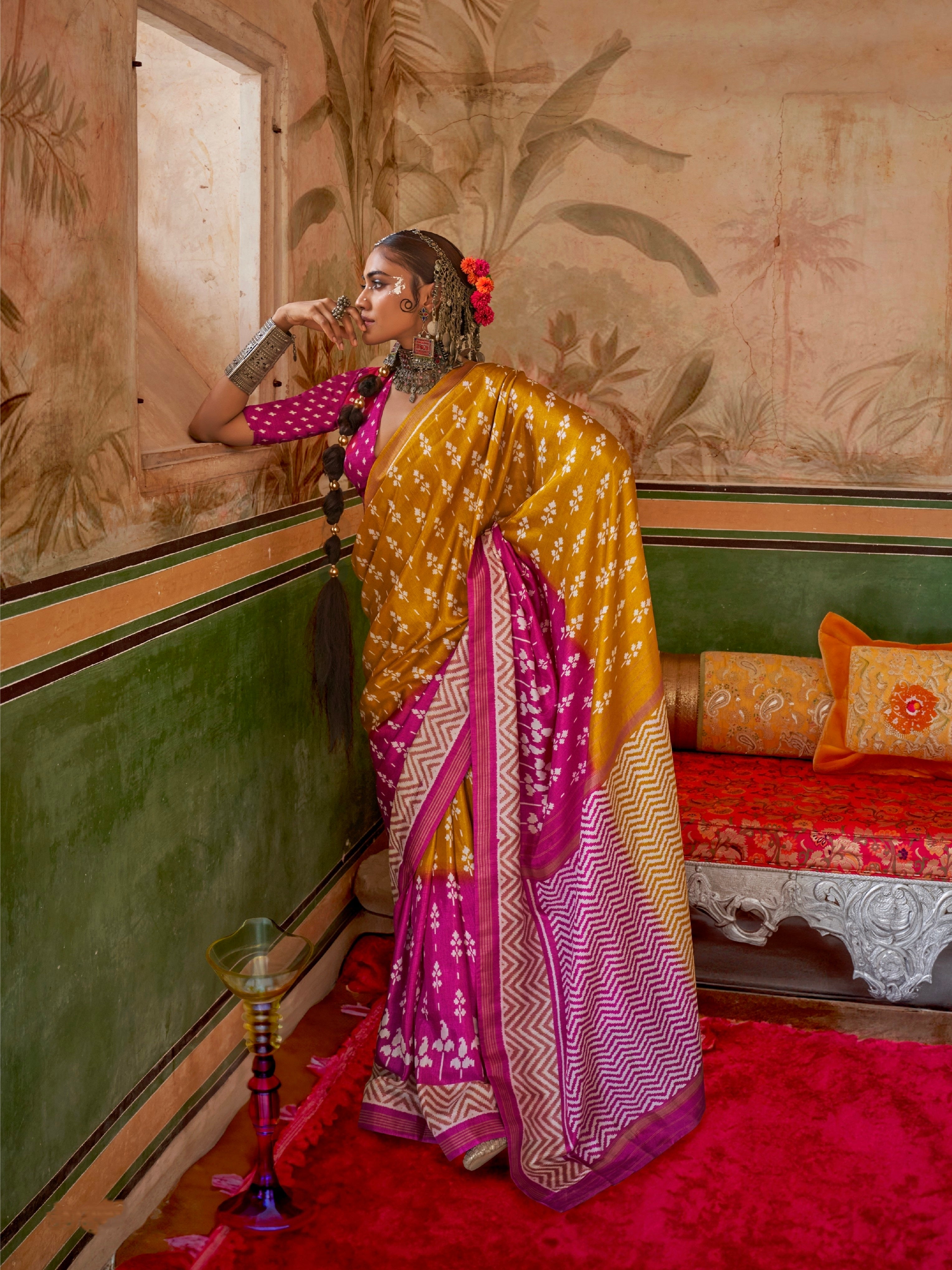 Mustard &amp; Magenta Mercerized Sigma Silk Saree