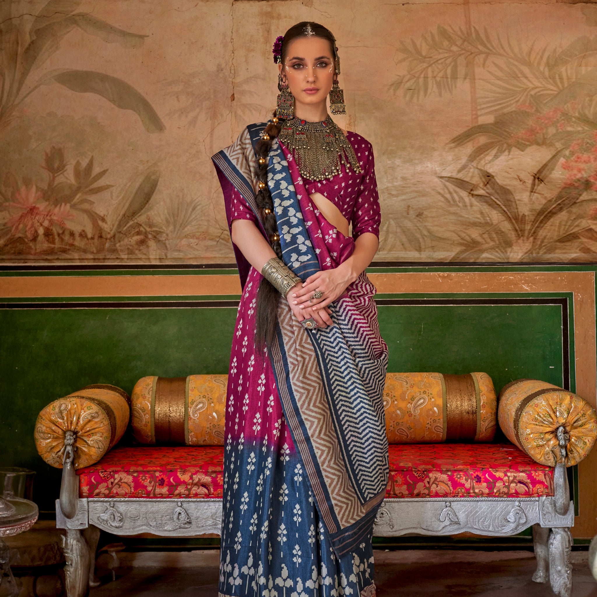 Magenta & Blue Mercerized Sigma Silk Saree with Aqua Finish