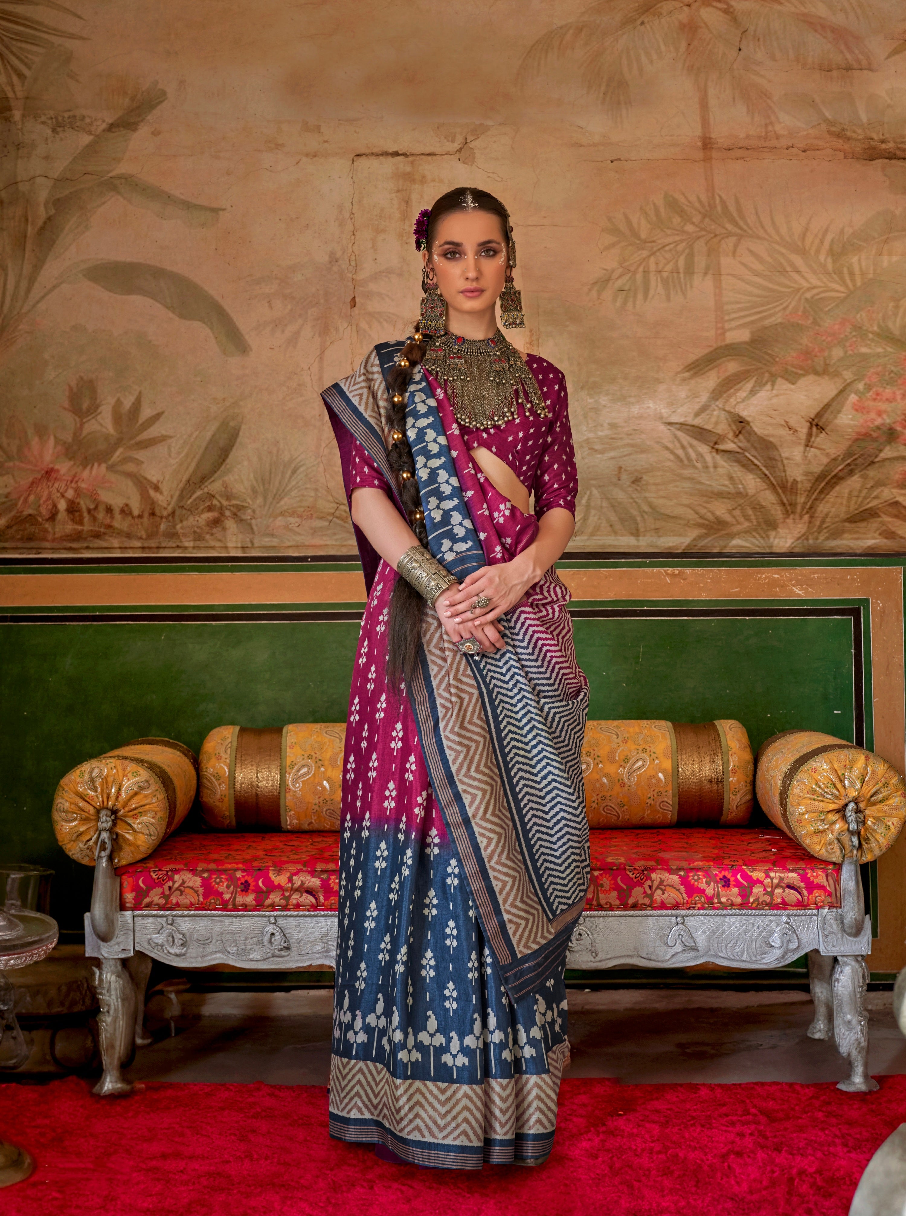 Magenta &amp; Blue Mercerized Sigma Silk Saree with Aqua Finish