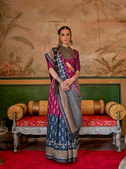 Magenta &amp; Blue Mercerized Sigma Silk Saree with Aqua Finish