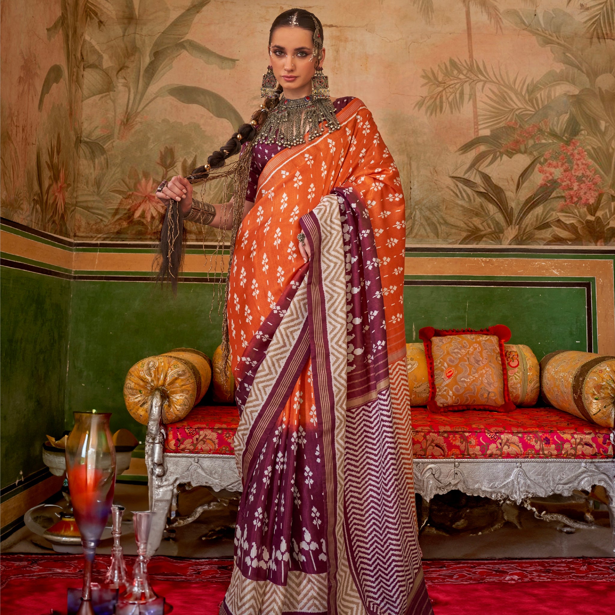 Orange & Plum Mercerized Sigma Silk Saree with Aqua Finish