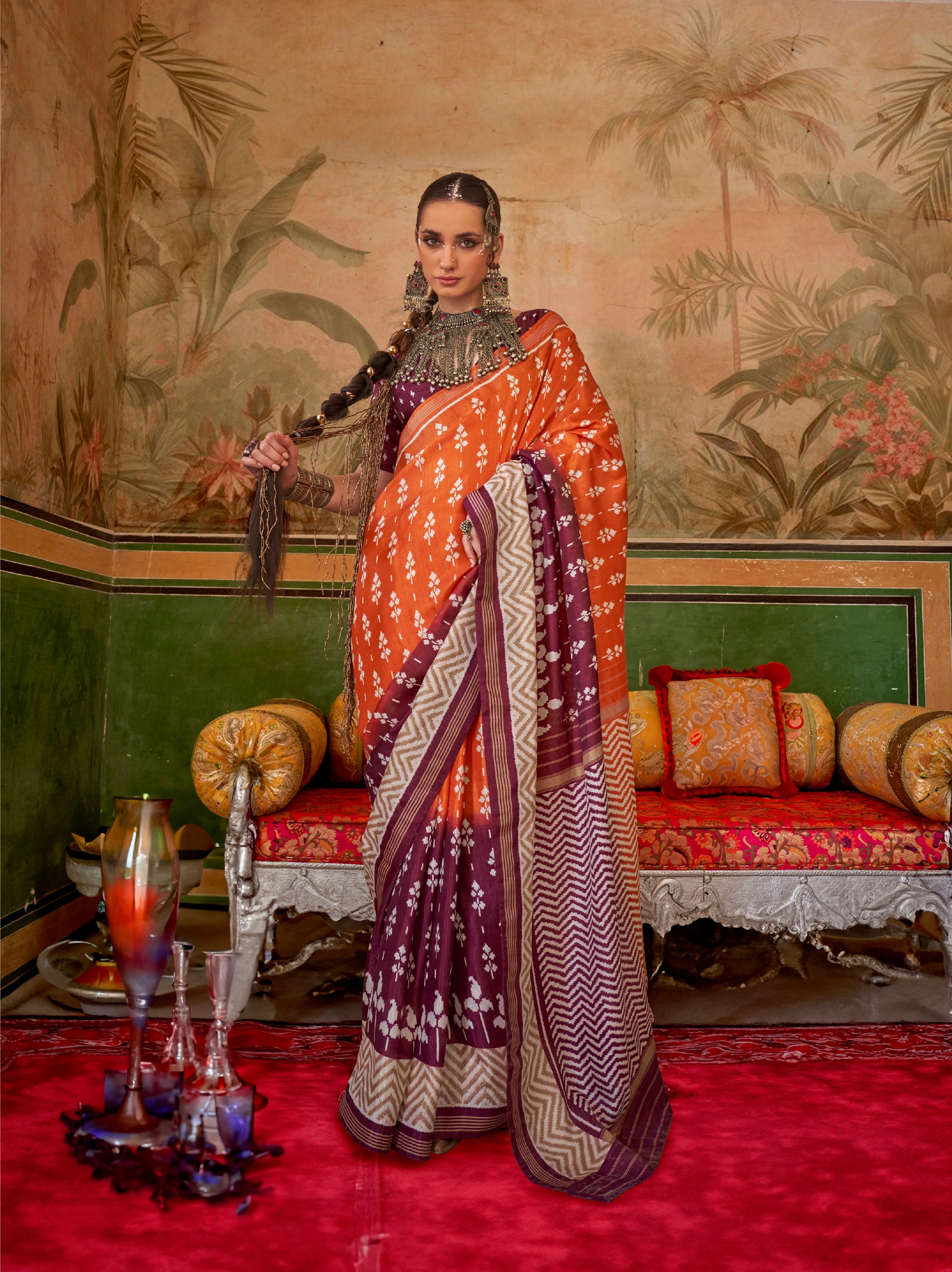 Orange &amp; Plum Mercerized Sigma Silk Saree with Aqua Finish
