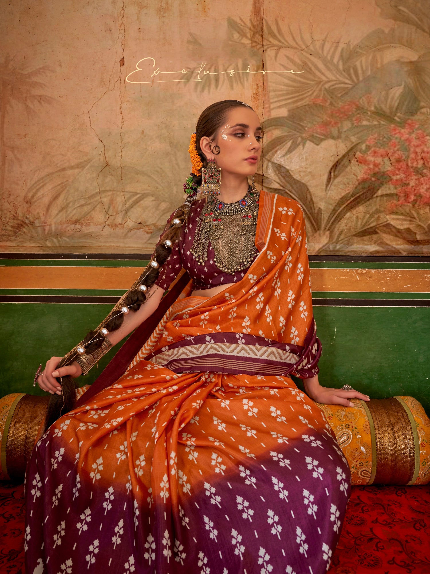Orange &amp; Plum Mercerized Sigma Silk Saree with Aqua Finish