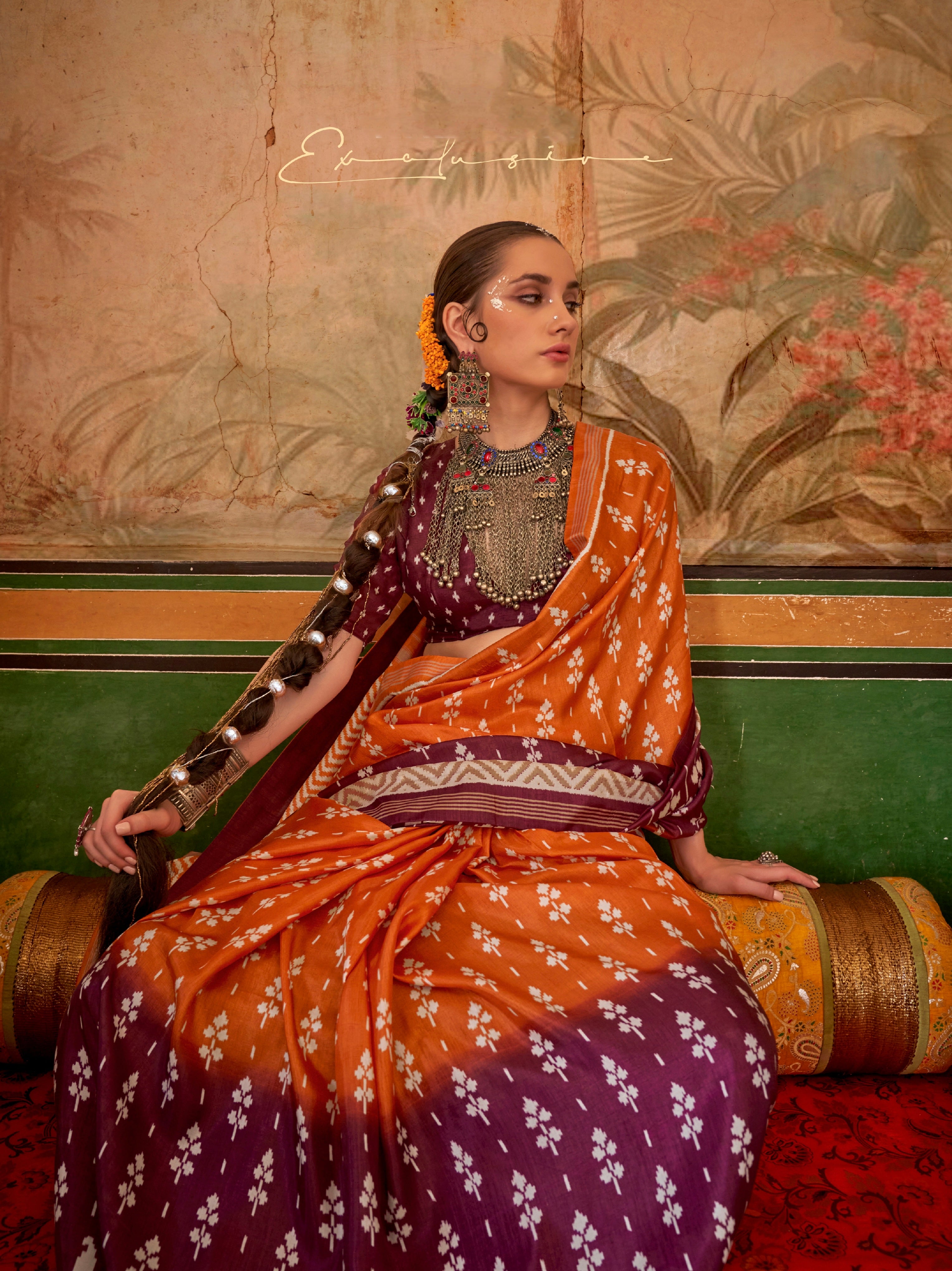Orange &amp; Plum Mercerized Sigma Silk Saree with Aqua Finish