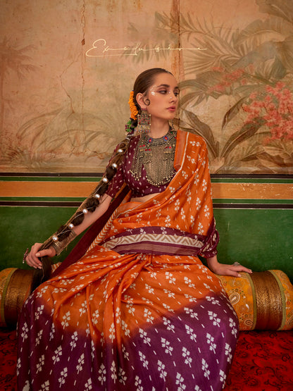 Orange &amp; Plum Mercerized Sigma Silk Saree with Aqua Finish