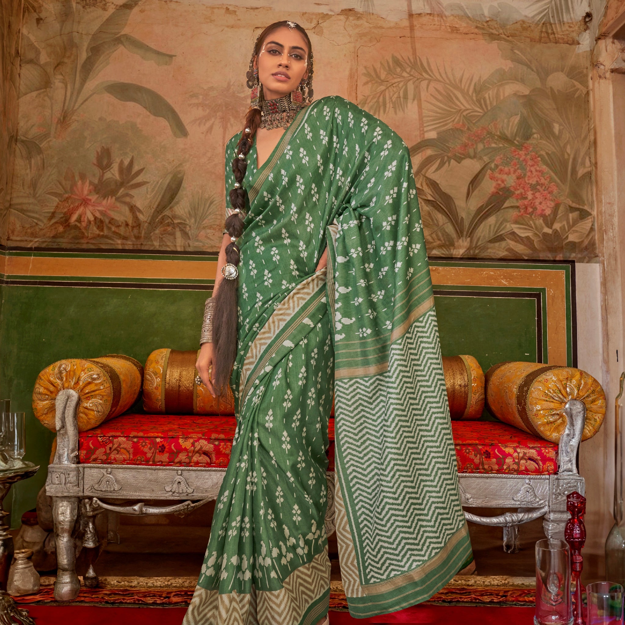 Green & White Mercerized Sigma Silk Saree
