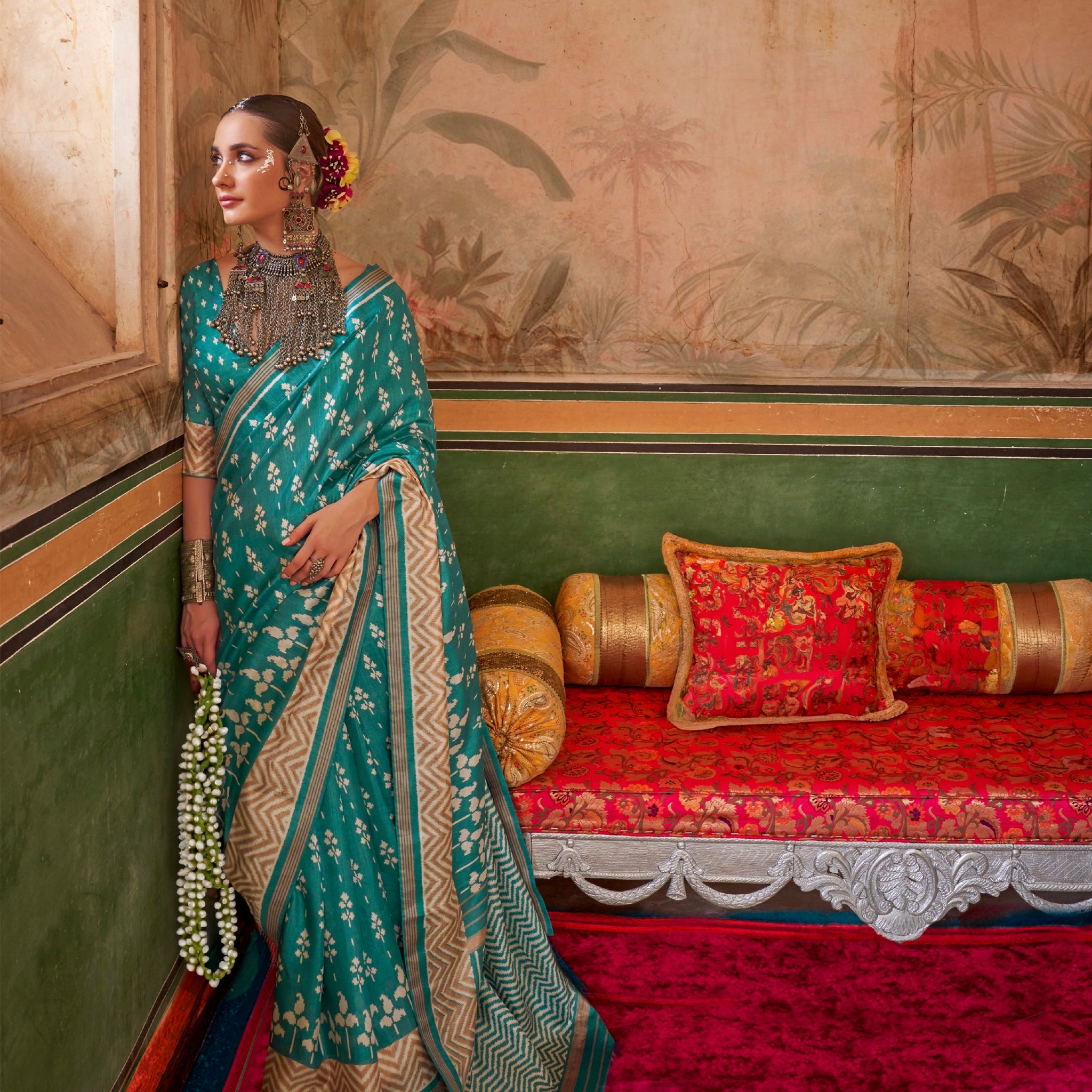 Aqua Blue & Gold Mercerized Sigma Silk Saree with Aqua Finish
