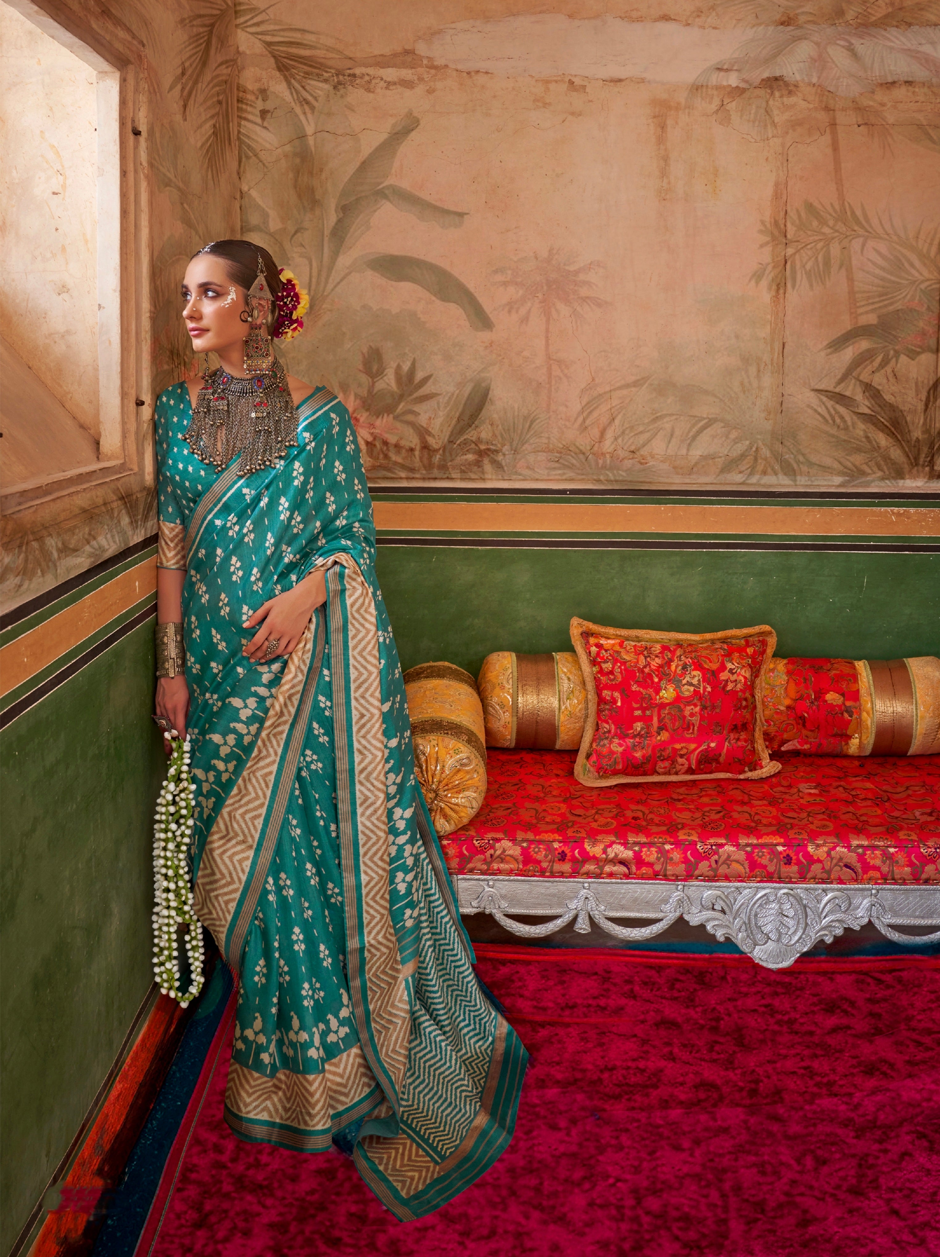Aqua Blue & Gold Mercerized Sigma Silk Saree with Aqua Finish
