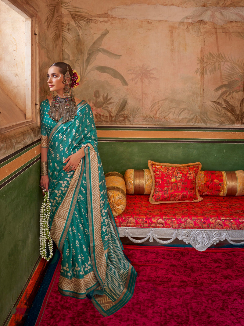 Aqua Blue & Gold Mercerized Sigma Silk Saree with Aqua Finish