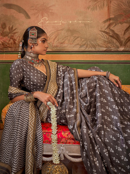 Silver &amp; Grey Mercerized Sigma Silk Saree with Aqua Finish