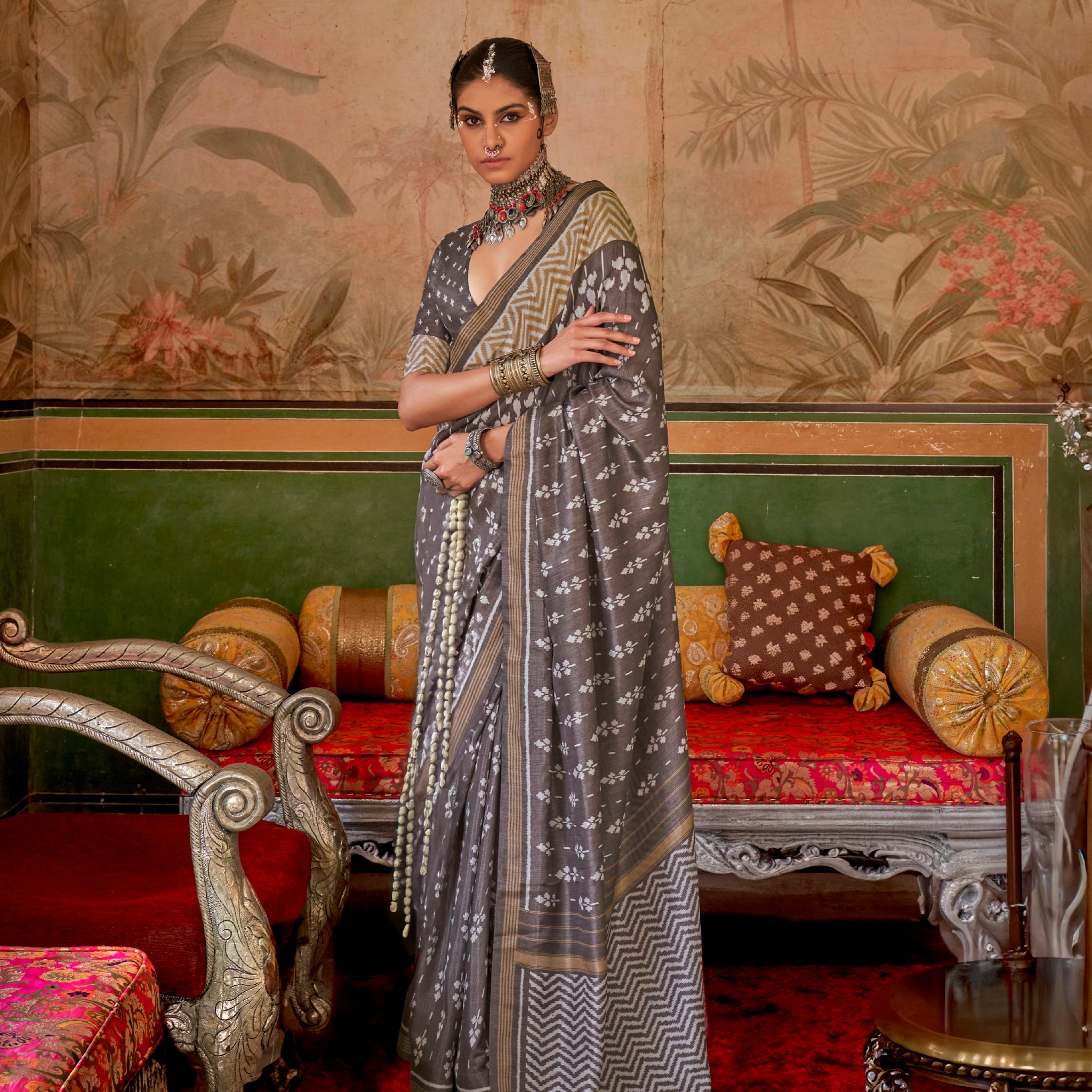 Silver & Grey Mercerized Sigma Silk Saree with Aqua Finish