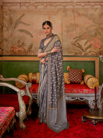 Silver & Grey Mercerized Sigma Silk Saree with Aqua Finish