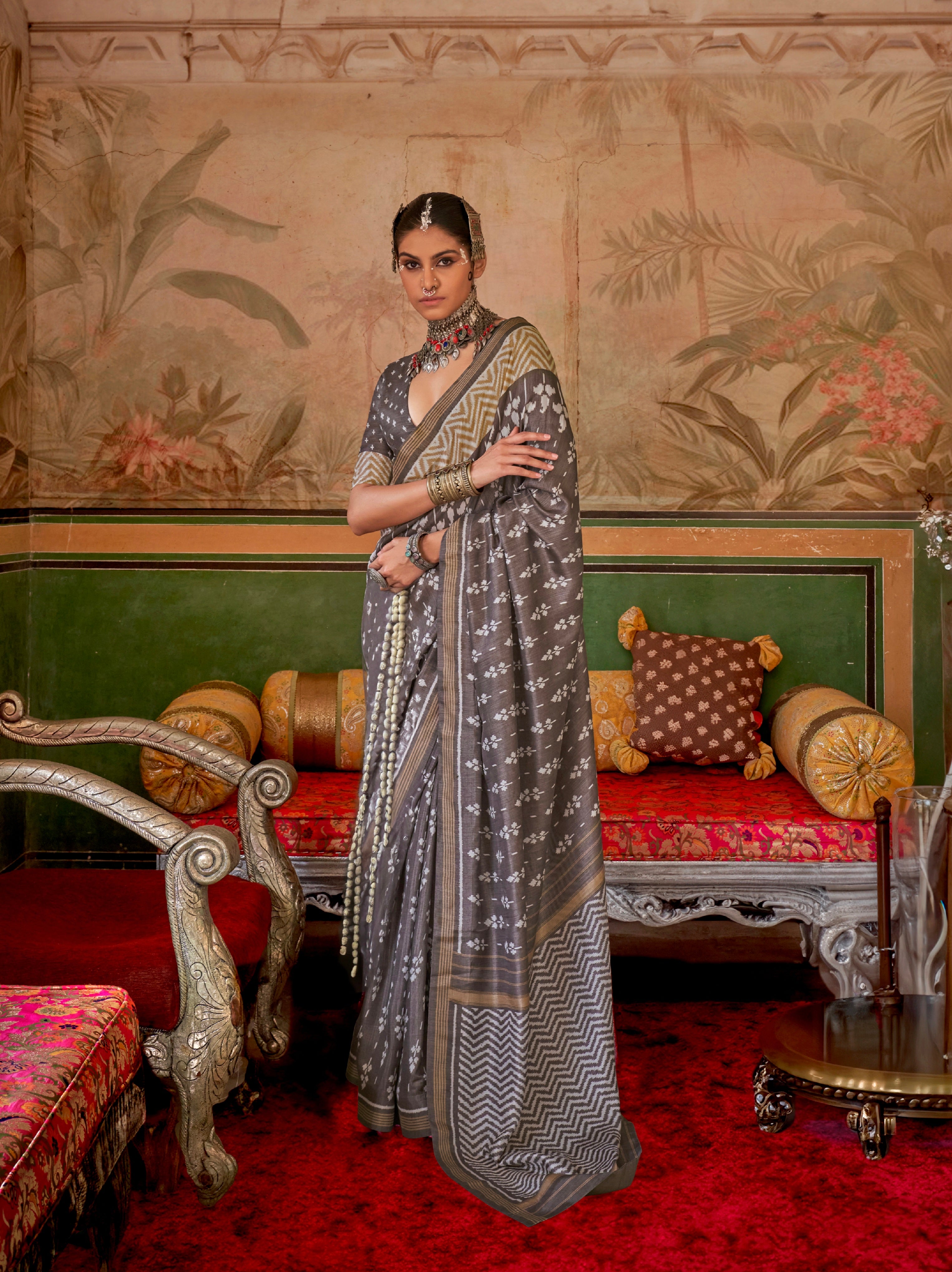 Silver &amp; Grey Mercerized Sigma Silk Saree with Aqua Finish