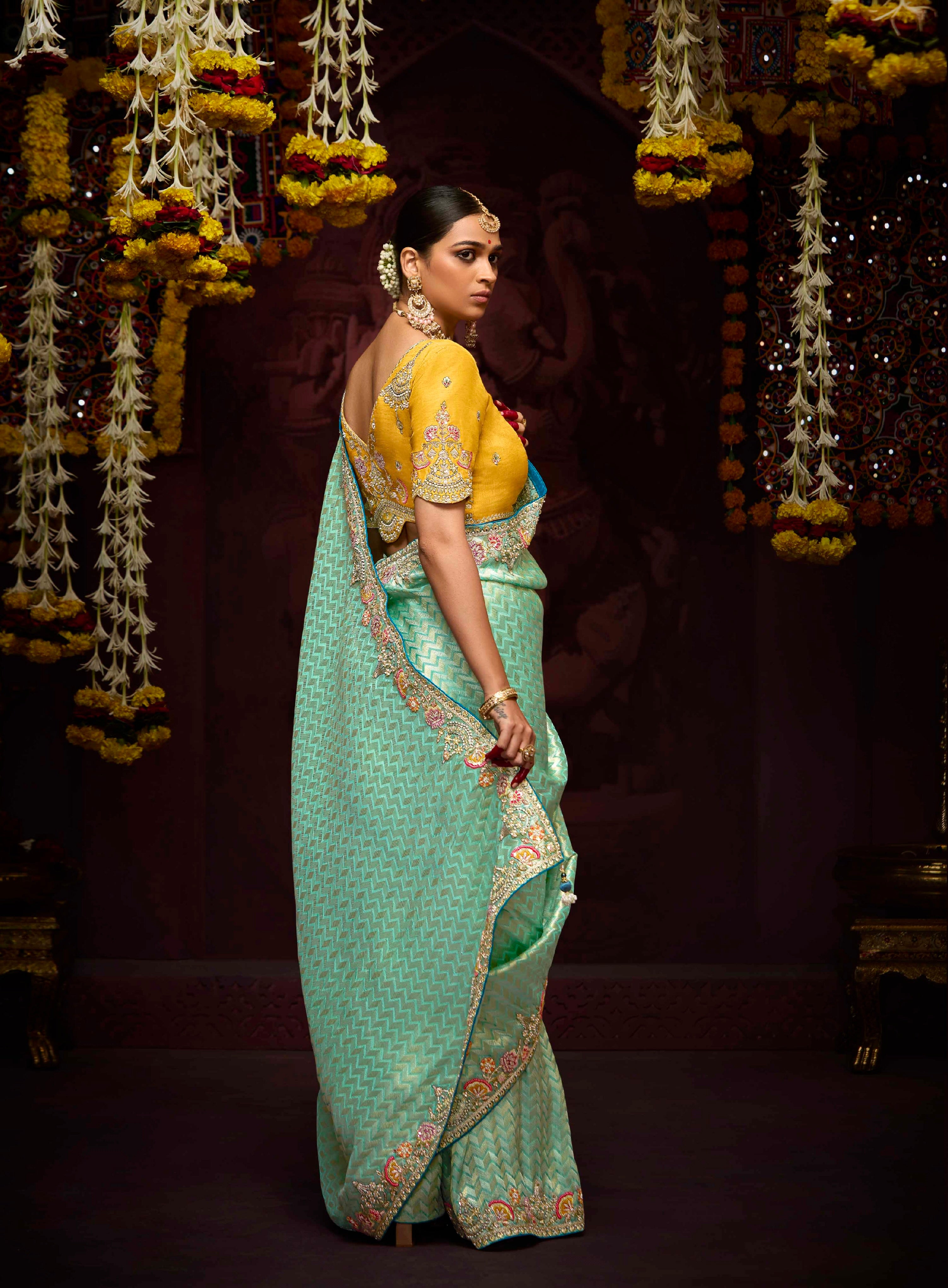 Mint Green Banarasi Kanjivaram Saree &amp; Heavy Embroidery &amp; Pearl Work