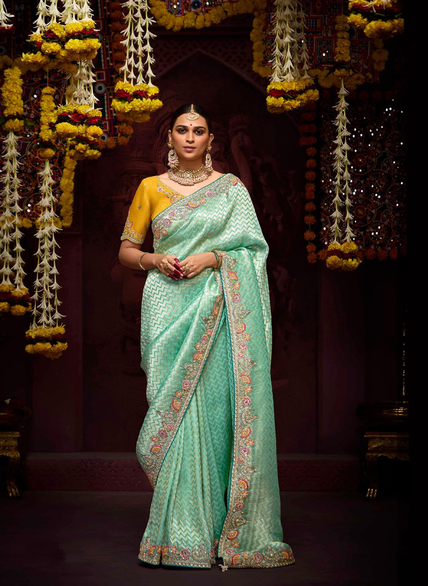 Mint Green Banarasi Kanjivaram Saree &amp; Heavy Embroidery &amp; Pearl Work
