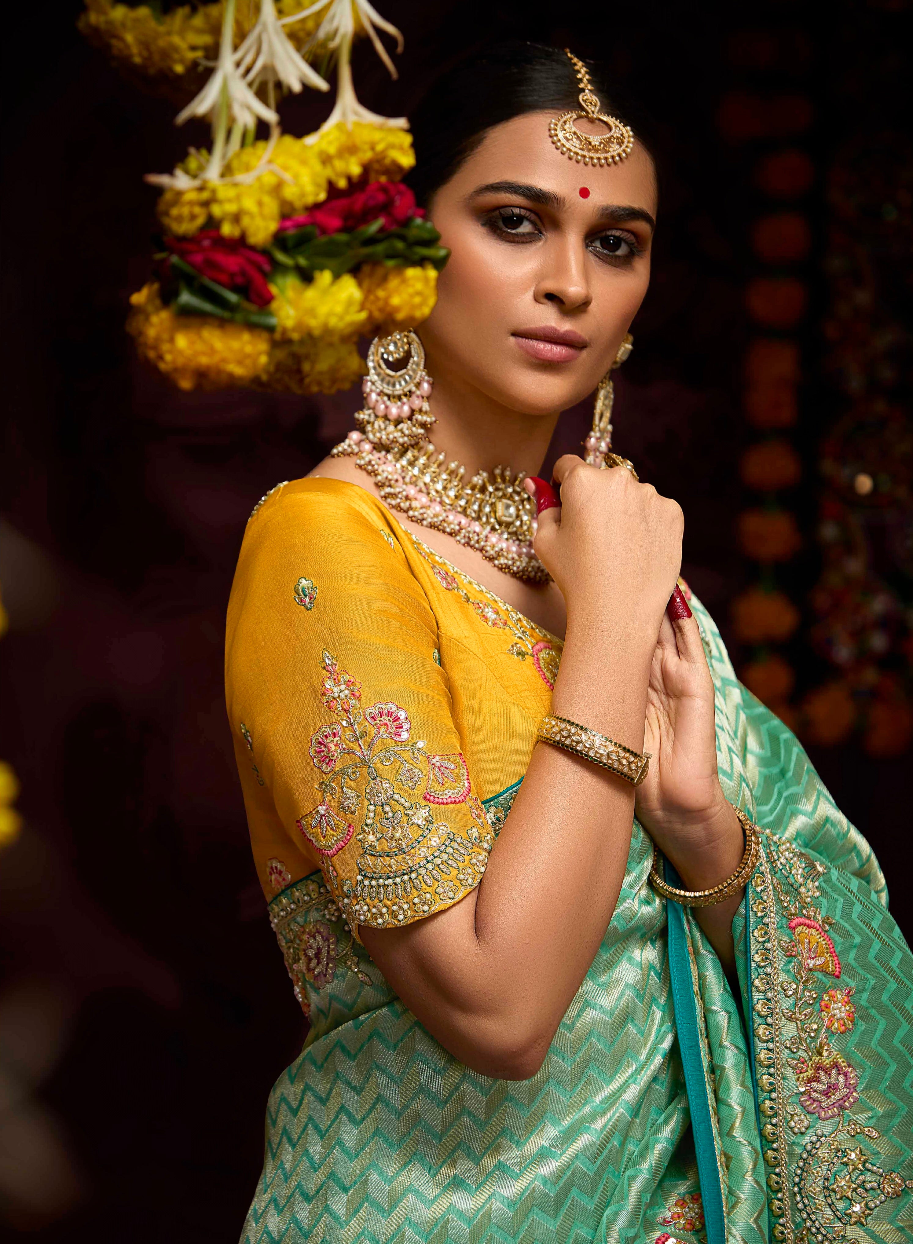 Mint Green Banarasi Kanjivaram Saree &amp; Heavy Embroidery &amp; Pearl Work