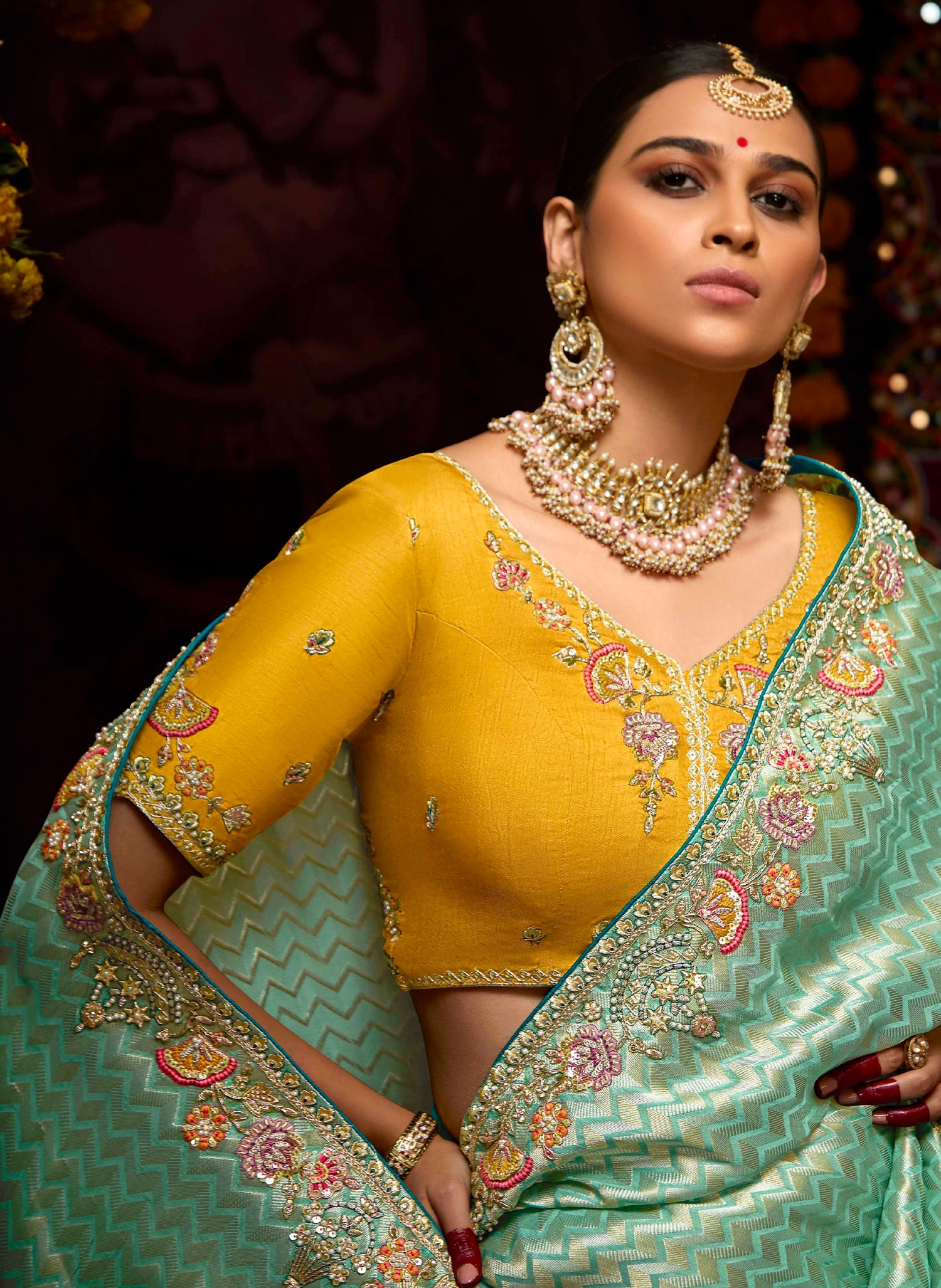 Mint Green Banarasi Kanjivaram Saree &amp; Heavy Embroidery &amp; Pearl Work