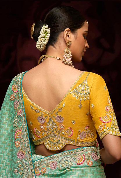Mint Green Banarasi Kanjivaram Saree &amp; Heavy Embroidery &amp; Pearl Work