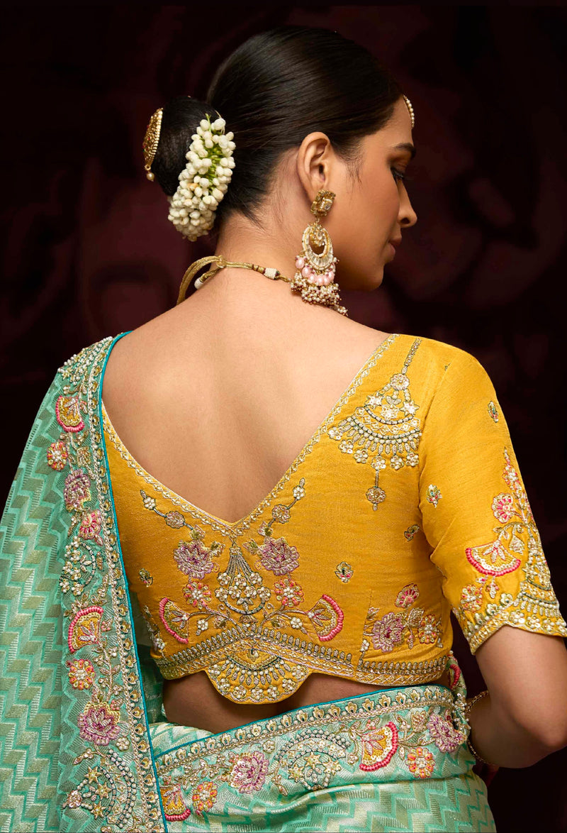 Mint Green Banarasi Kanjivaram Saree & Heavy Embroidery & Pearl Work