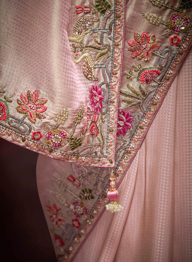 Blush Pink Banarasi Kanjivaram Saree with Zari Weaving & Stone Work