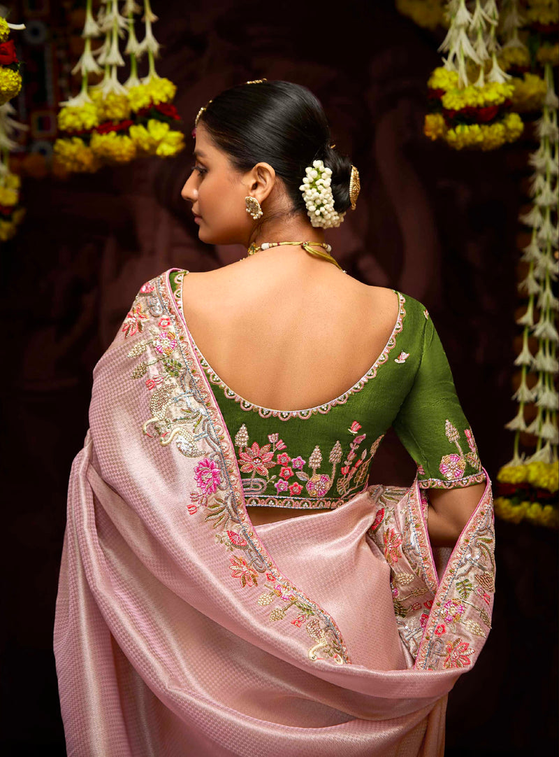 Blush Pink Banarasi Kanjivaram Saree with Zari Weaving & Stone Work