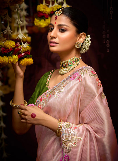 Blush Pink Banarasi Kanjivaram Saree with Zari Weaving &amp; Stone Work