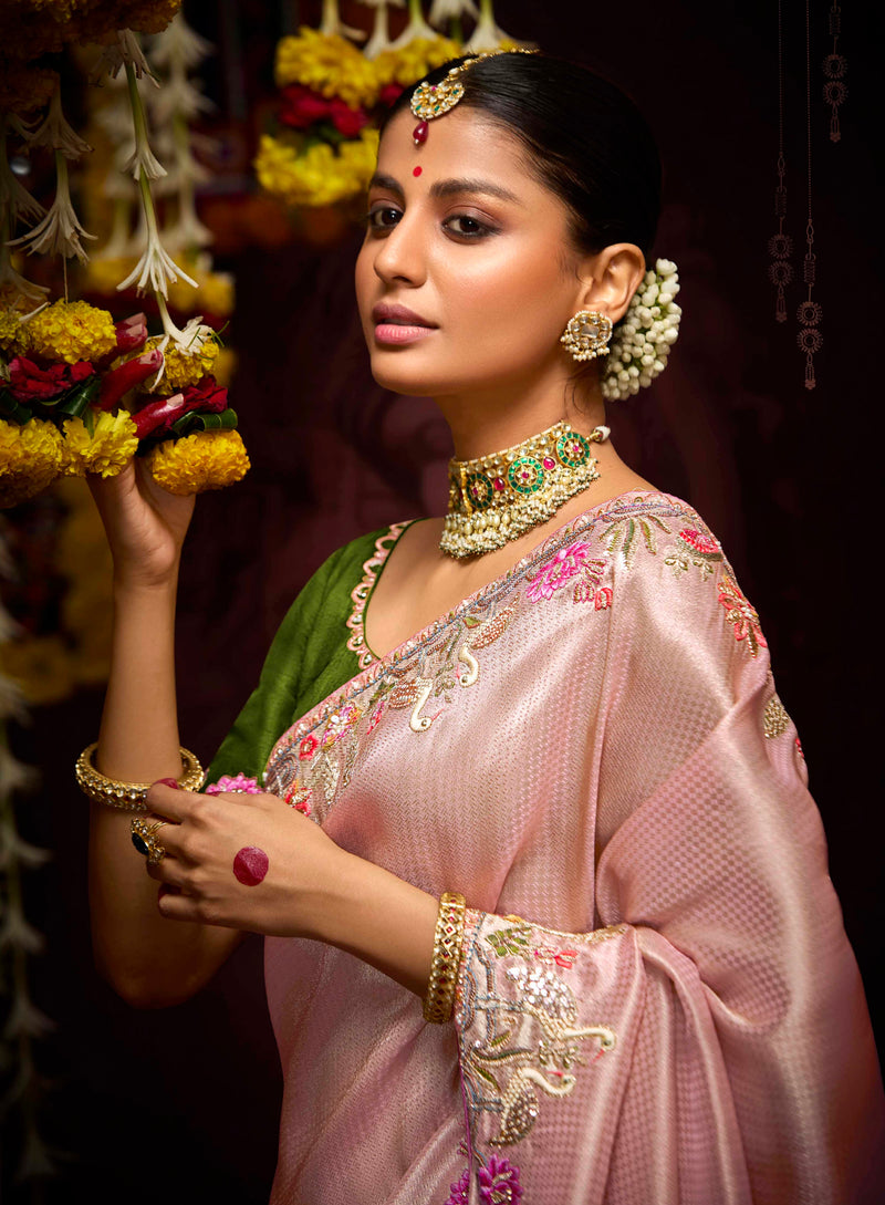 Blush Pink Banarasi Kanjivaram Saree with Zari Weaving & Stone Work
