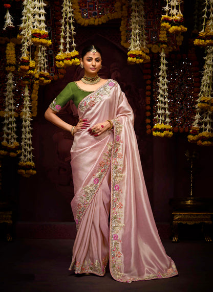 Blush Pink Banarasi Kanjivaram Saree with Zari Weaving &amp; Stone Work