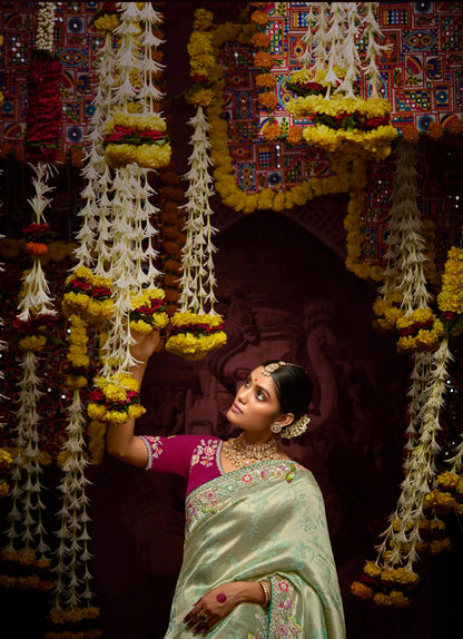 Pastel Green Banarasi Kanjivaram Silk Saree with Sequins &amp; Zari Border