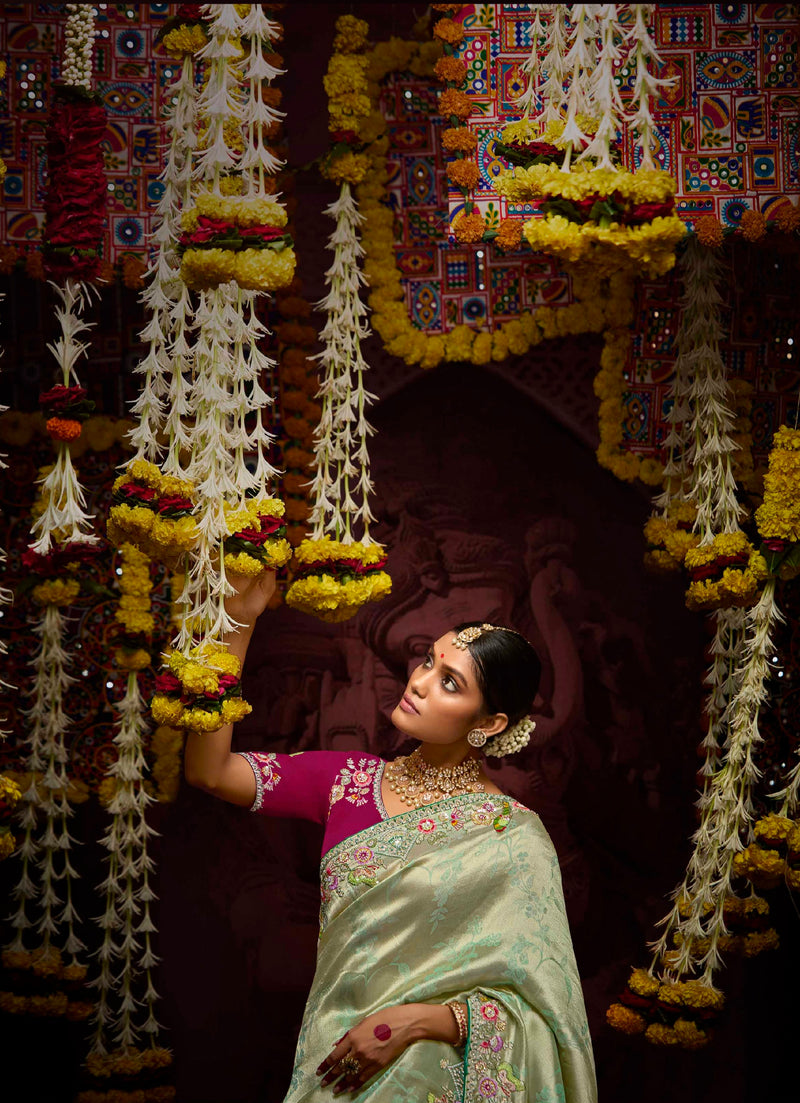 Pastel Green Banarasi Kanjivaram Silk Saree with Sequins & Zari Border