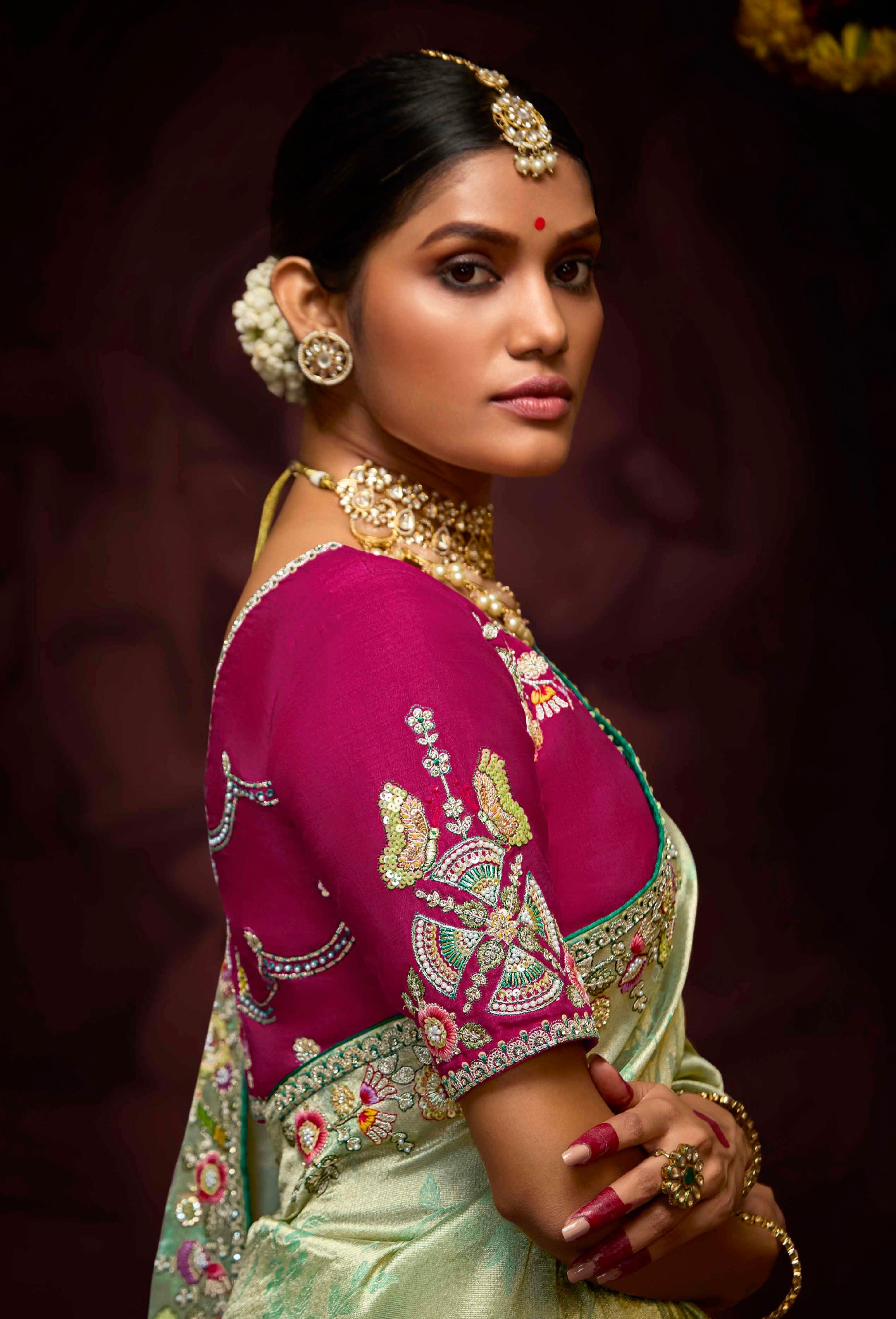 Pastel Green Banarasi Kanjivaram Silk Saree with Sequins & Zari Border