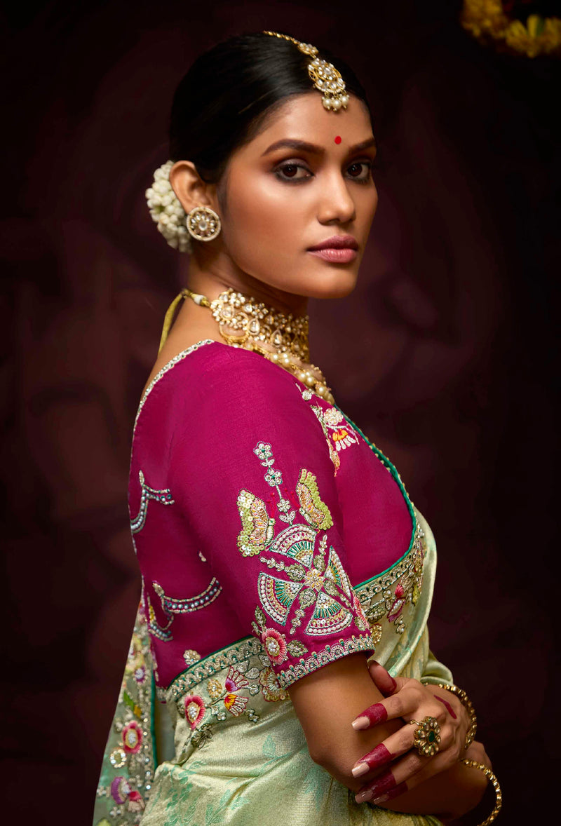 Pastel Green Banarasi Kanjivaram Silk Saree with Sequins & Zari Border