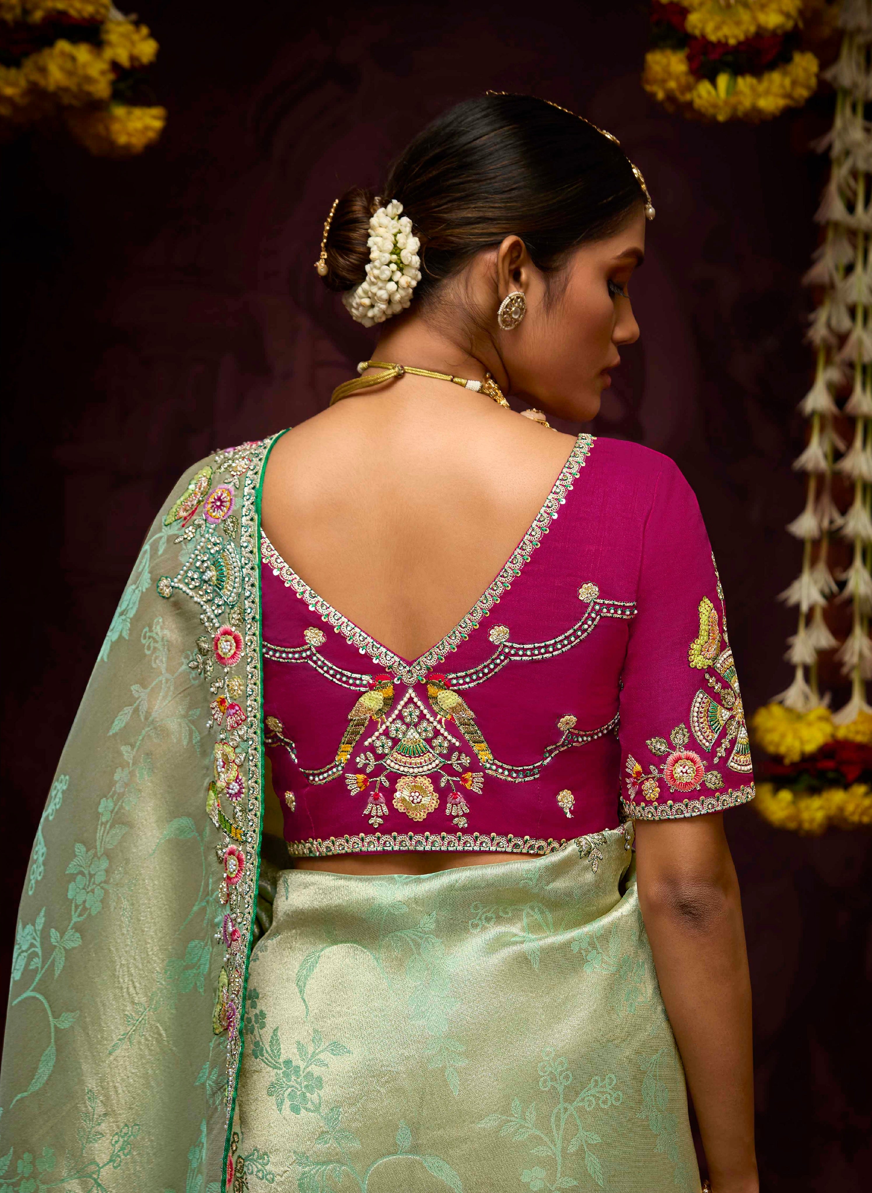 Pastel Green Banarasi Kanjivaram Silk Saree with Sequins & Zari Border