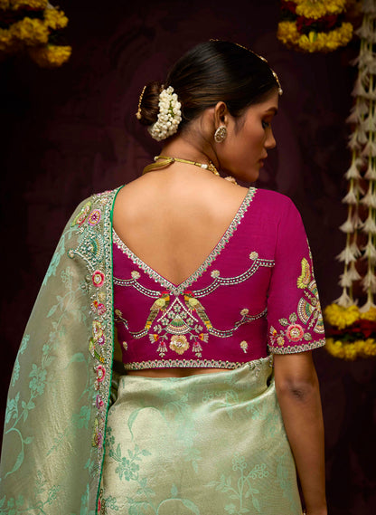 Pastel Green Banarasi Kanjivaram Silk Saree with Sequins &amp; Zari Border