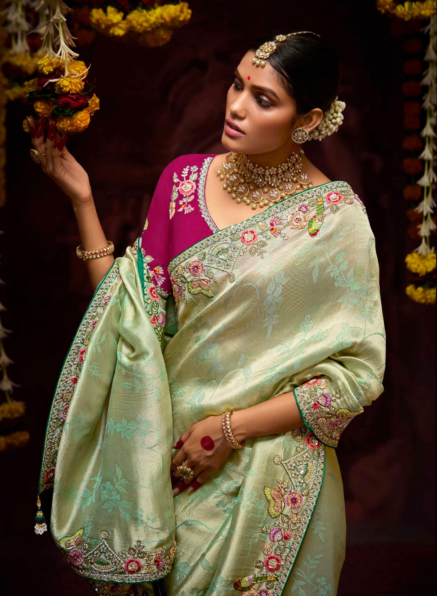 Pastel Green Banarasi Kanjivaram Silk Saree with Sequins &amp; Zari Border