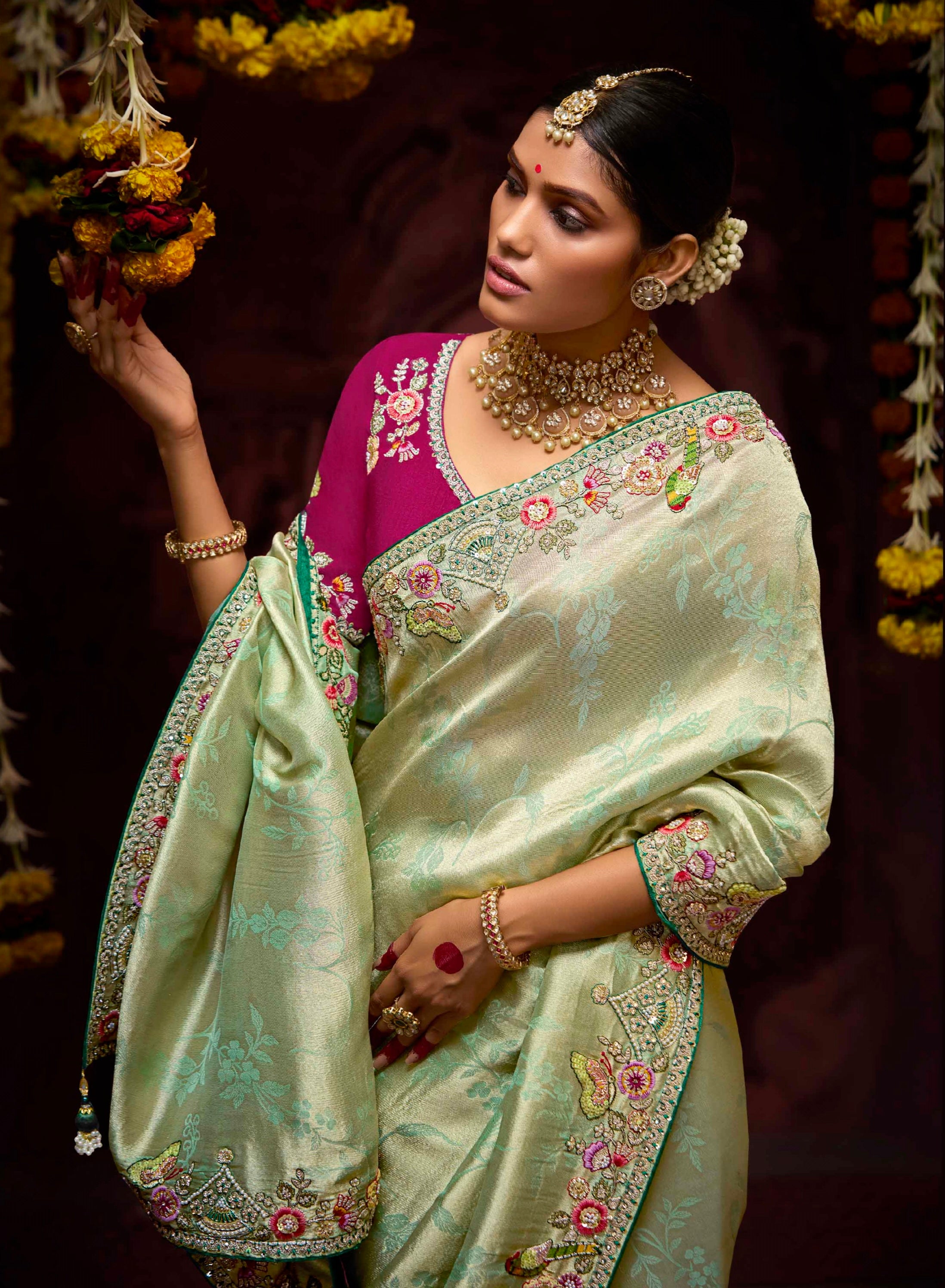 Pastel Green Banarasi Kanjivaram Silk Saree with Sequins &amp; Zari Border