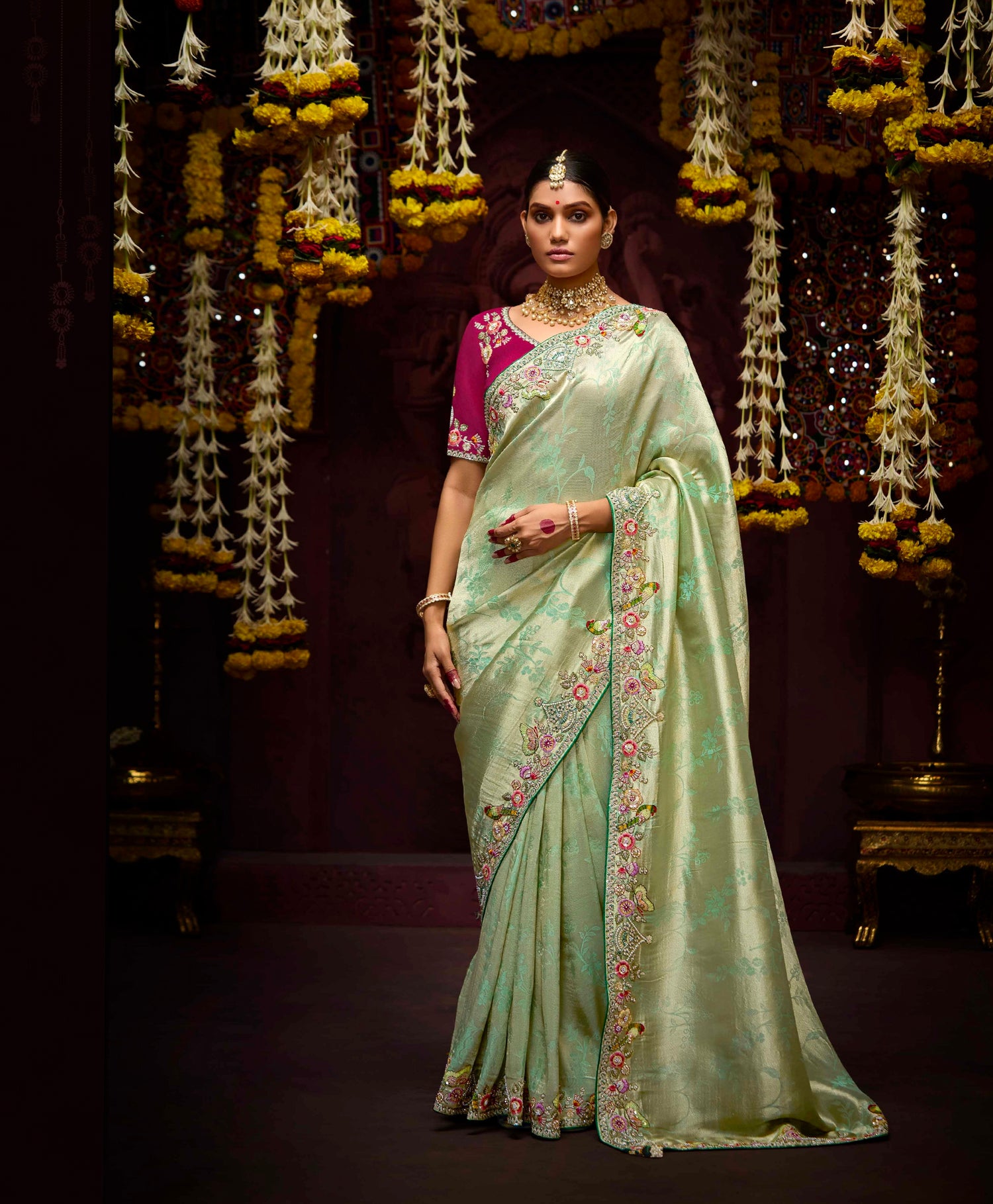 Pastel Green Banarasi Kanjivaram Silk Saree with Sequins &amp; Zari Border
