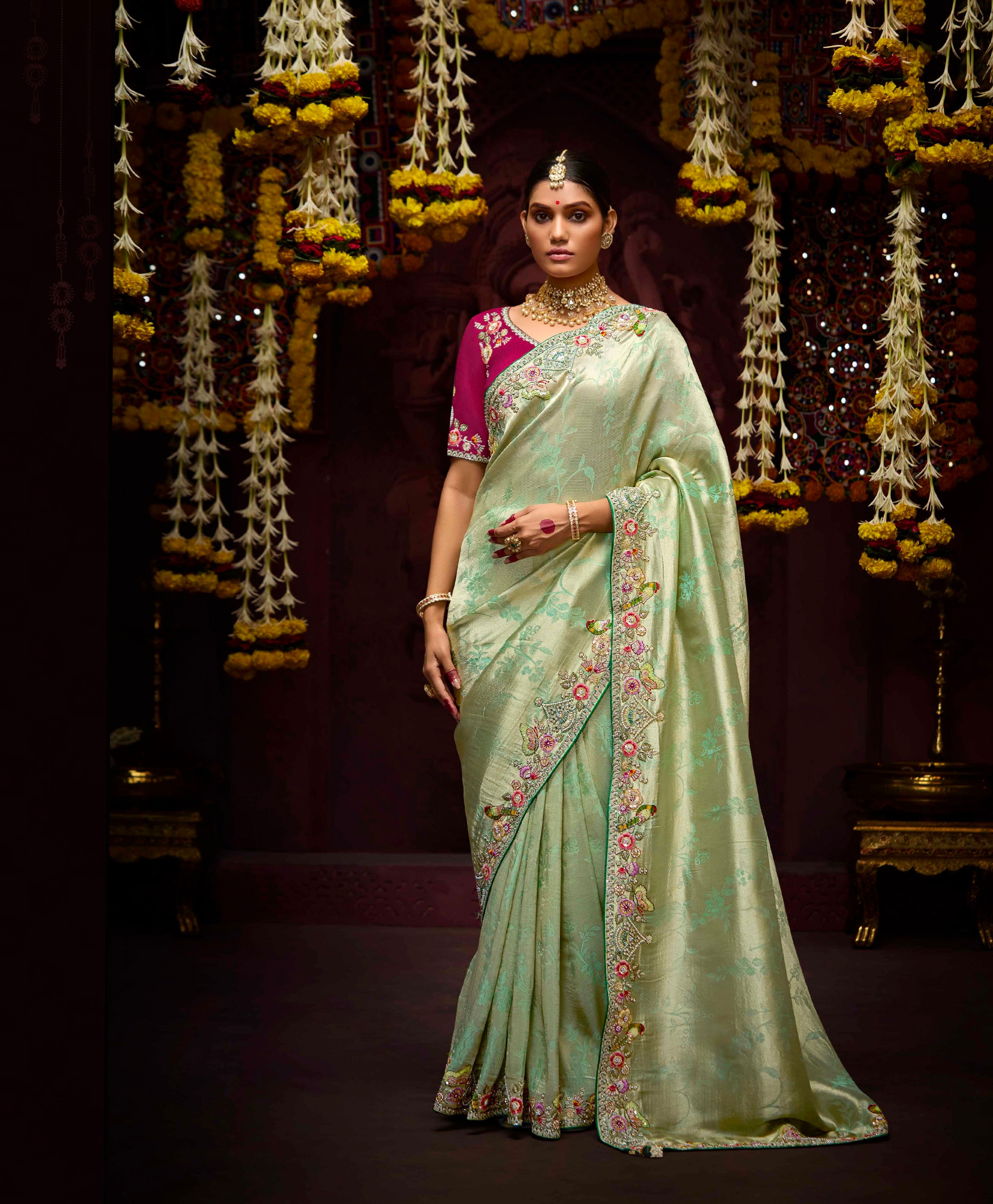 Pastel Green Banarasi Kanjivaram Silk Saree with Sequins &amp; Zari Border