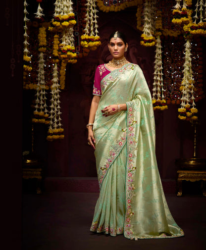 Pastel Green Banarasi Kanjivaram Silk Saree with Sequins &amp; Zari Border