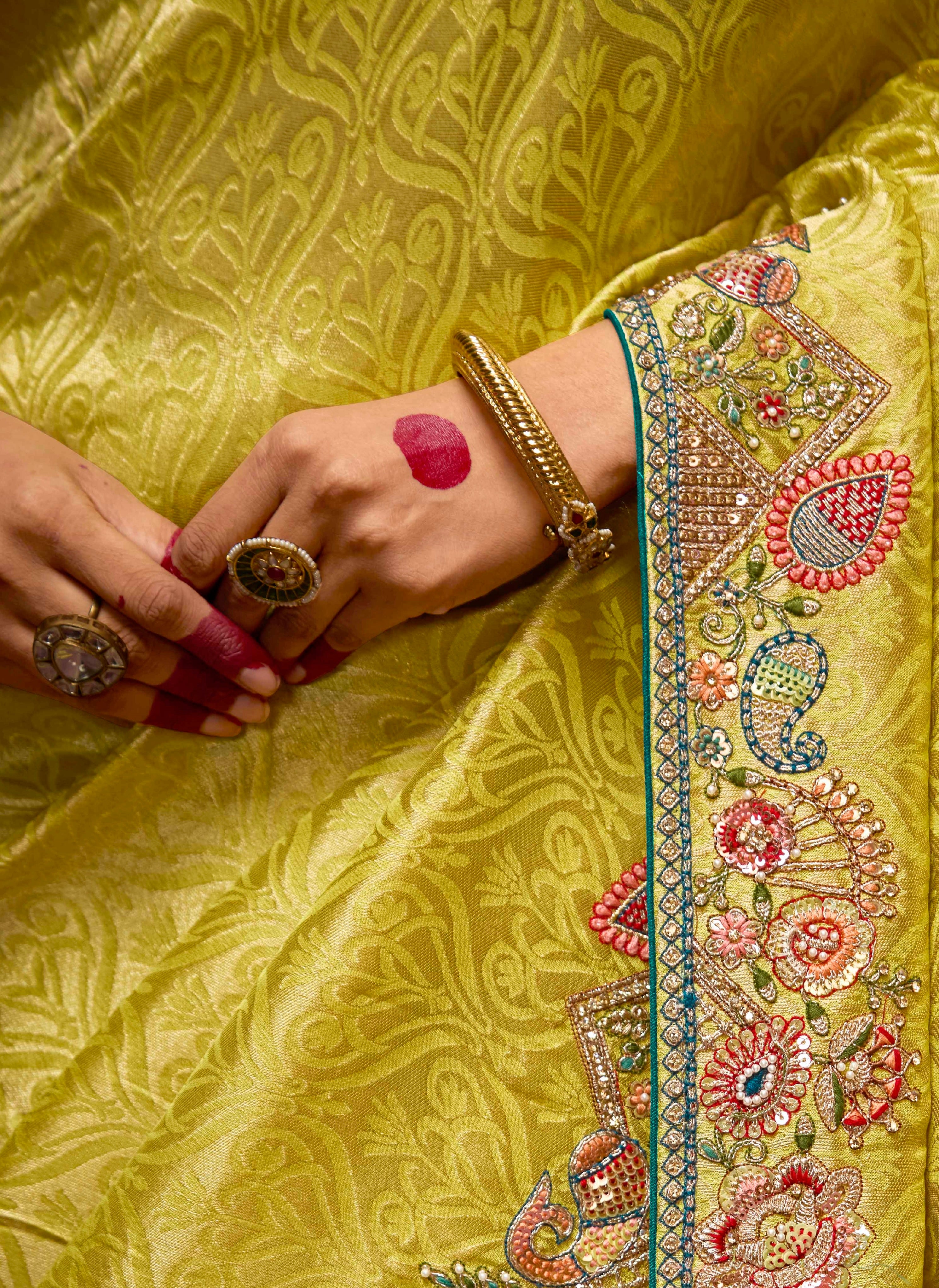 Lime Yellow Banarasi Kanjivaram Saree with Pearl &amp; Sequin Detailing