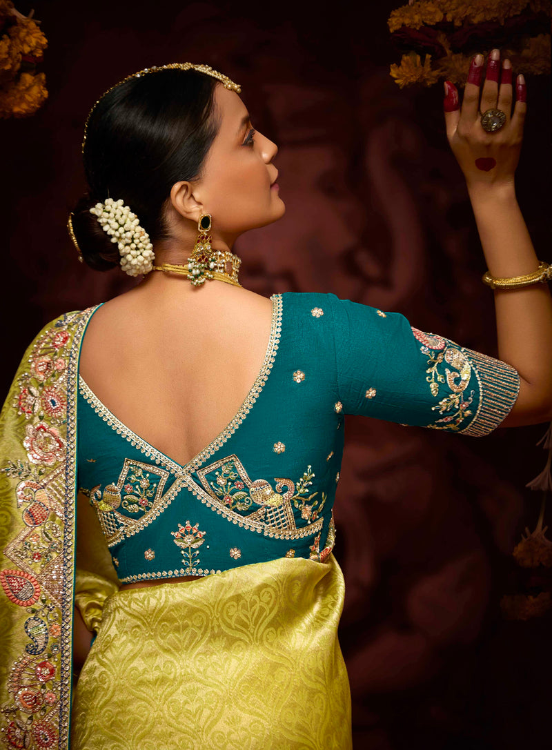 Lime Yellow Banarasi Kanjivaram Saree with Pearl & Sequin Detailing