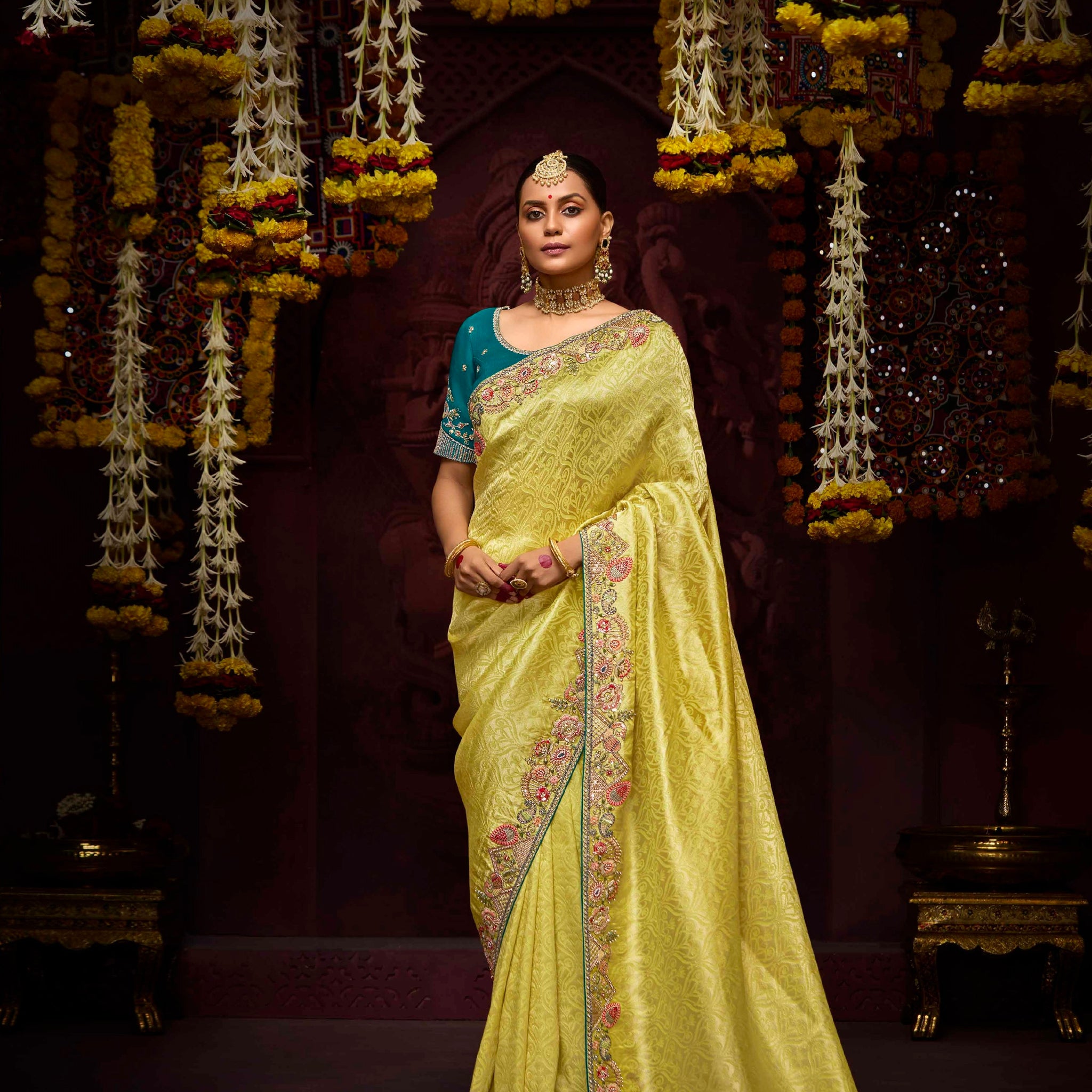 Lime Yellow Banarasi Kanjivaram Saree with Pearl & Sequin Detailing