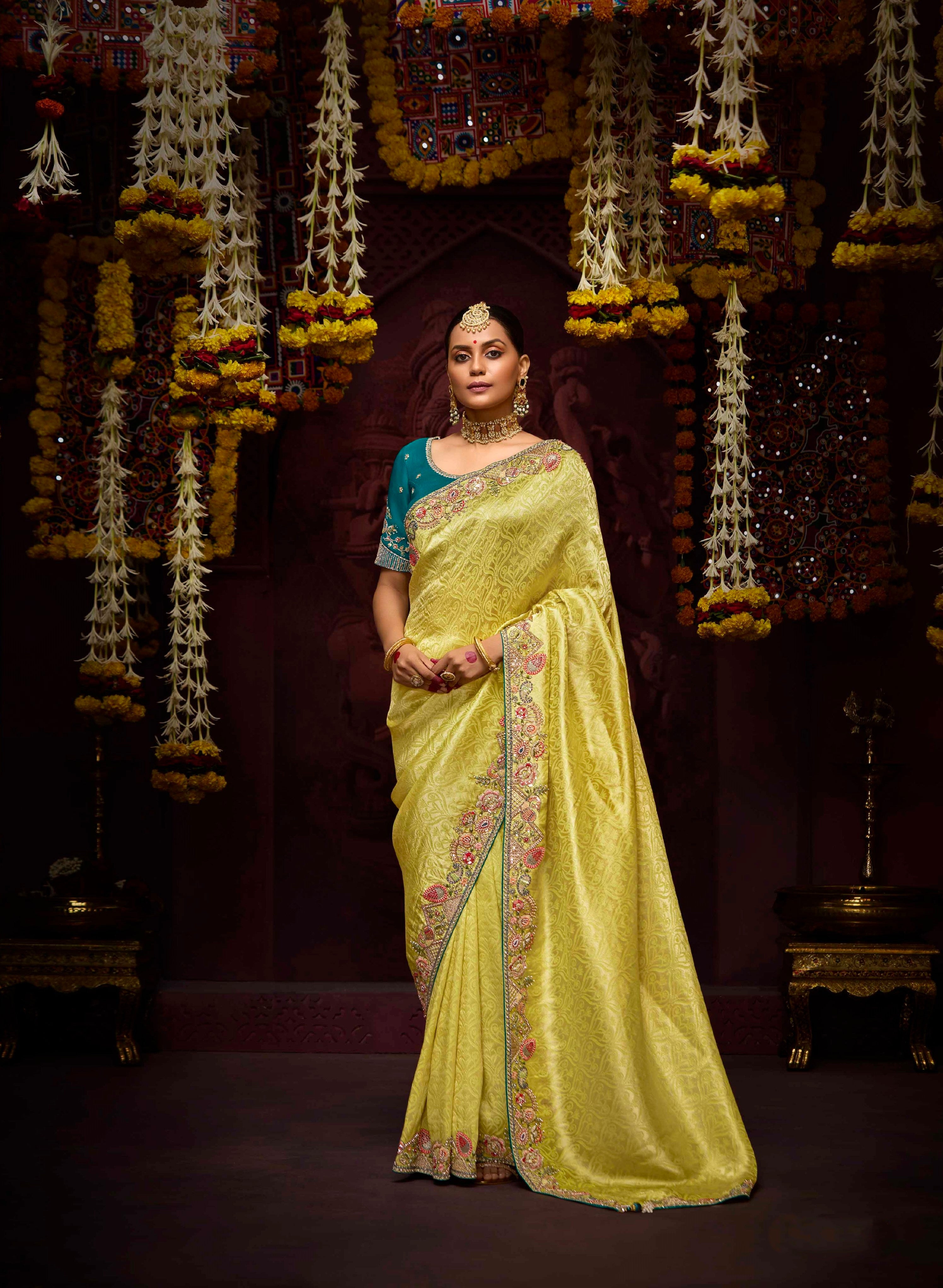 Lime Yellow Banarasi Kanjivaram Saree with Pearl &amp; Sequin Detailing