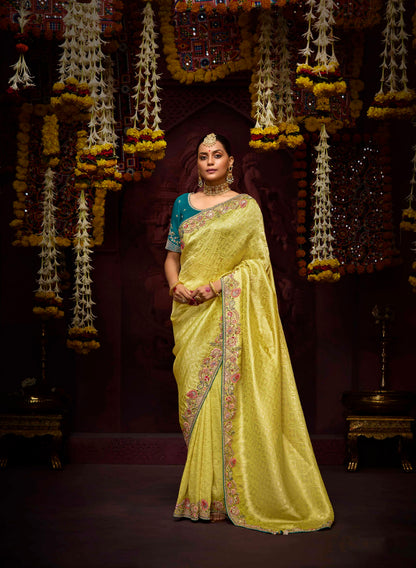 Lime Yellow Banarasi Kanjivaram Saree with Pearl &amp; Sequin Detailing