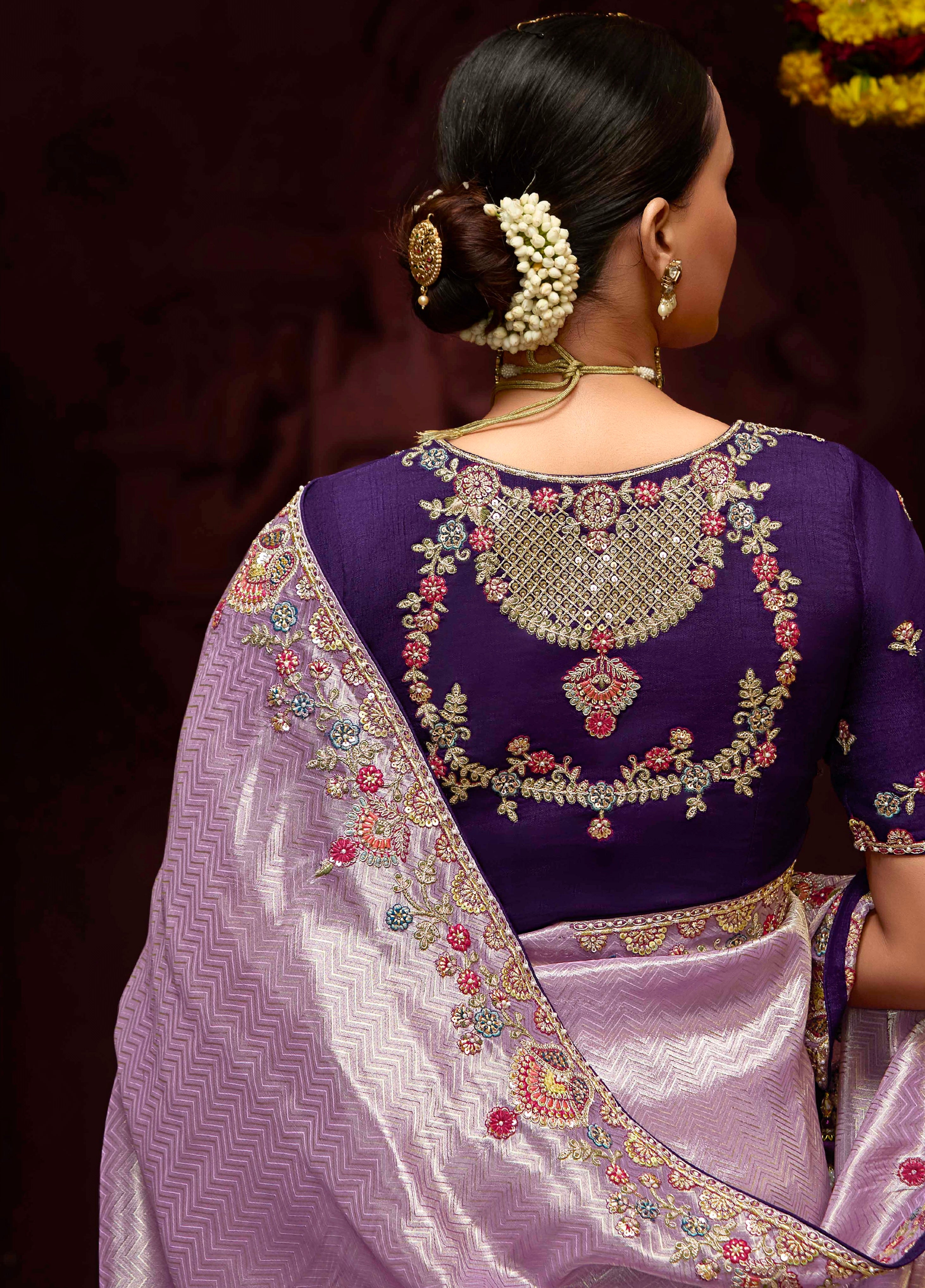 Lilac Banarasi Kanjivaram Silk Saree with Zari &amp; Sequin Embellishments
